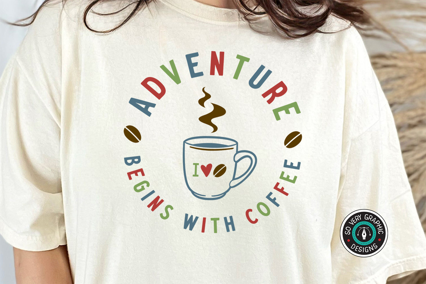Adventure Begins With Coffee SVG Design for Crafters on a T-shirt