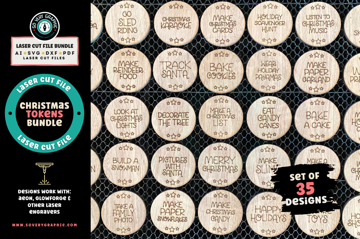 The Christmas Tokens Laser Cut File Bundle includes 35 single line, circle token designs for laser engravers.