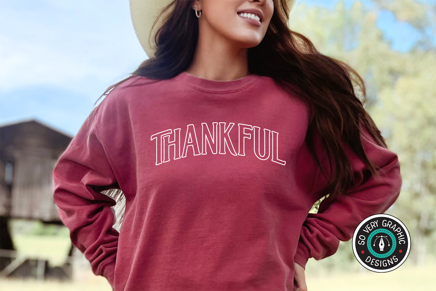 Thankful SVG Design on a Red Sweatshirt
