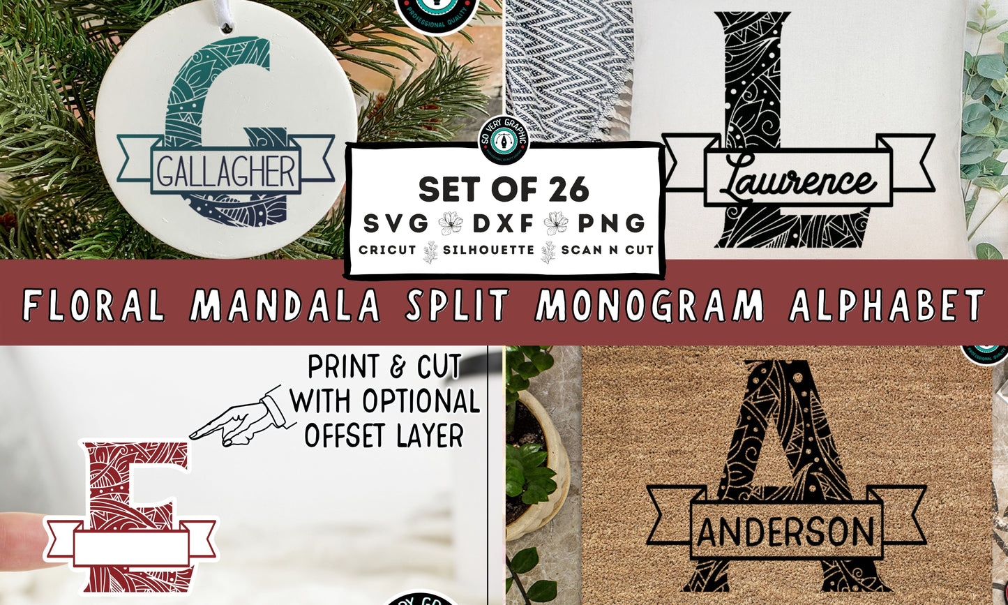 Floral Mandala Split Monogram Alphabet SVG Design Bundle