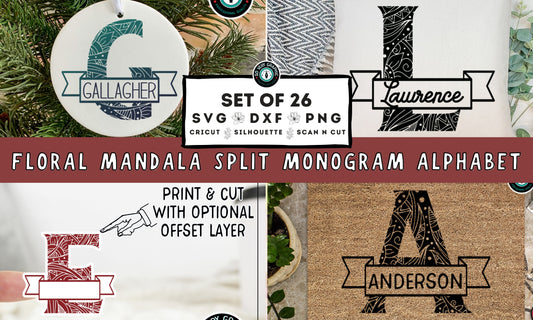 Floral Mandala Split Monogram Alphabet SVG Design Bundle