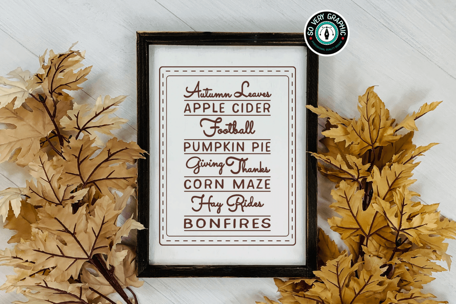 All About Fall Autumn Sayings Farmhouse Sign SVG Cut File in a black frame