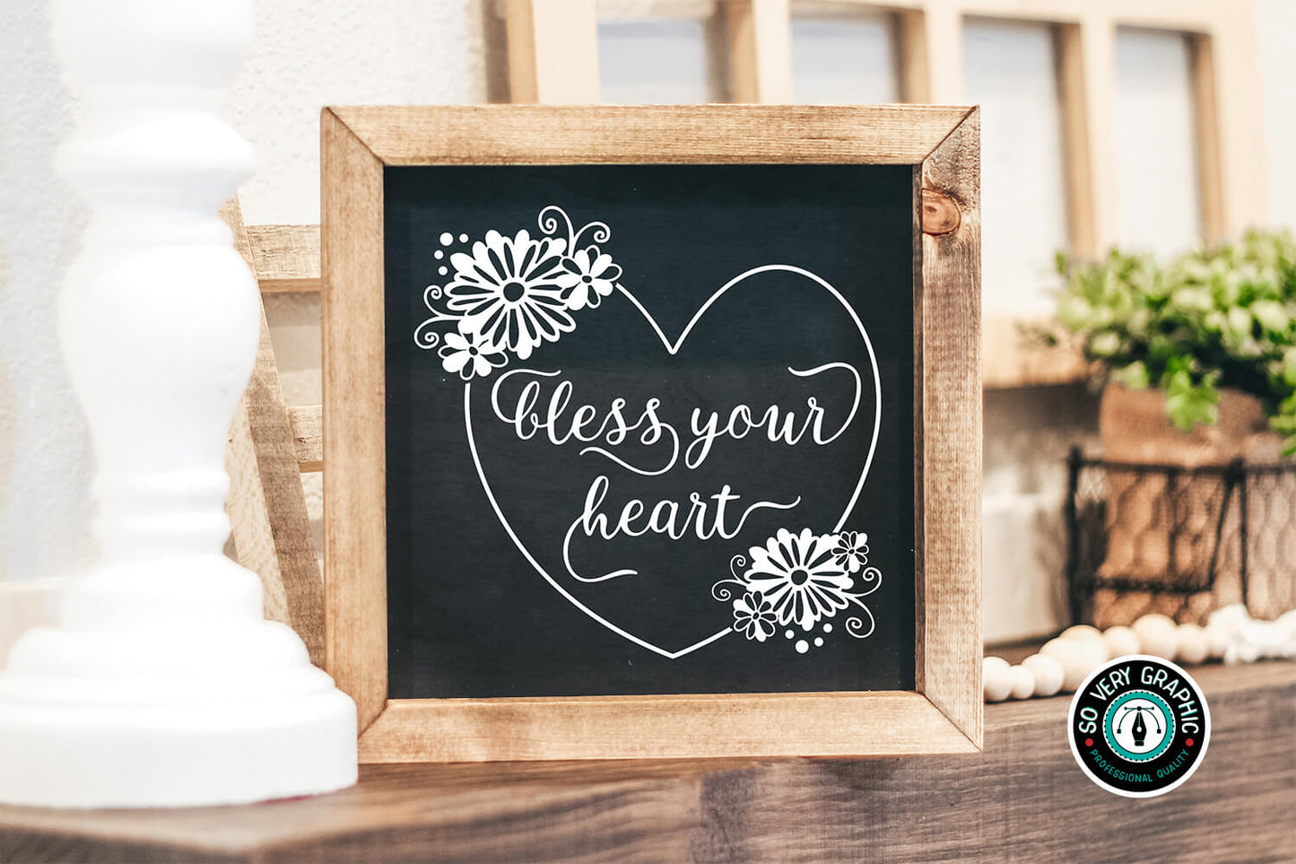 Bless Your Heart SVG design from So Very Graphic used in a square farmhouse frame using white adhesive vinyl