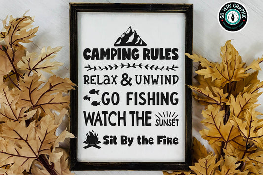 Camping Rules SVG Cut File in a Black rustic farmhouse frame surrounded by autumn leaves