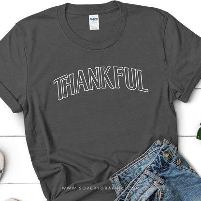Gray t-shirt with 'THANKFUL' text on a white background