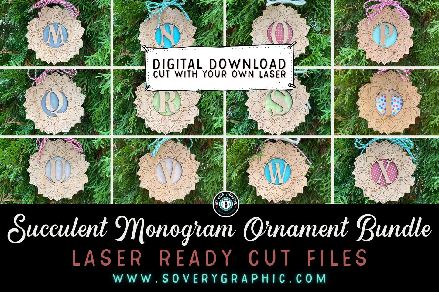 Succulent Monogram Ornament Laser Cut File Bundle