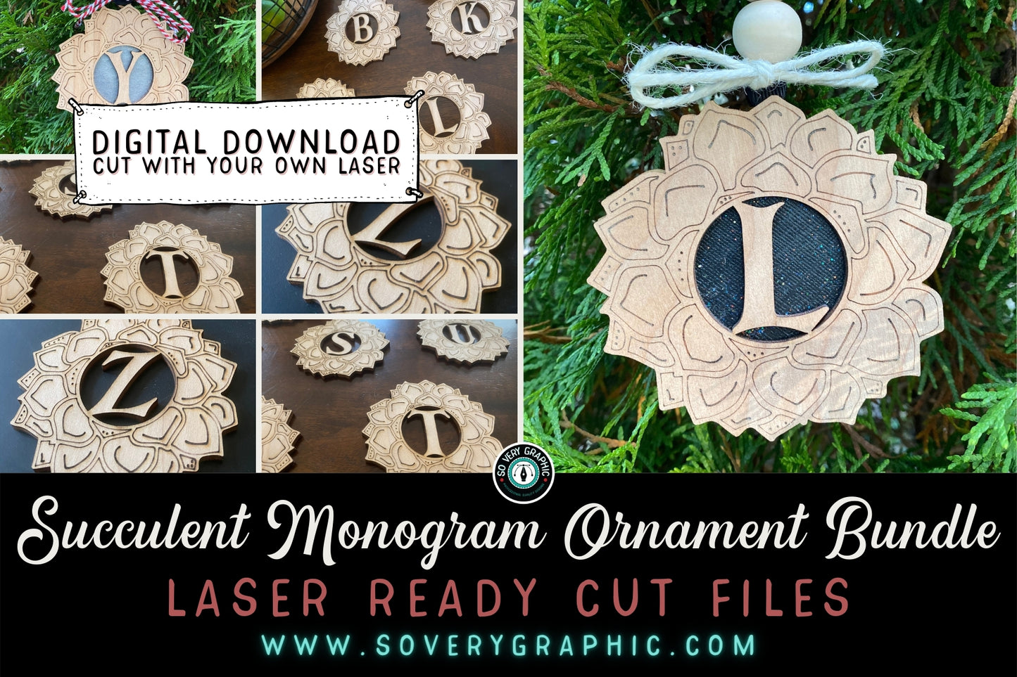 Succulent Monogram Ornament Laser Cut File Bundle