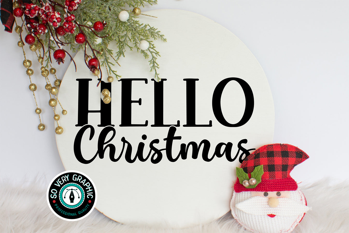 Hello Christmas Round Wood Welcome Sign SVG Design
